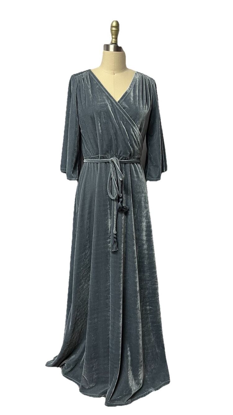Soft Surroundings Blue Vera Velvet Faux Wrap Maxi Dress Wedding Dress SZ Tall S